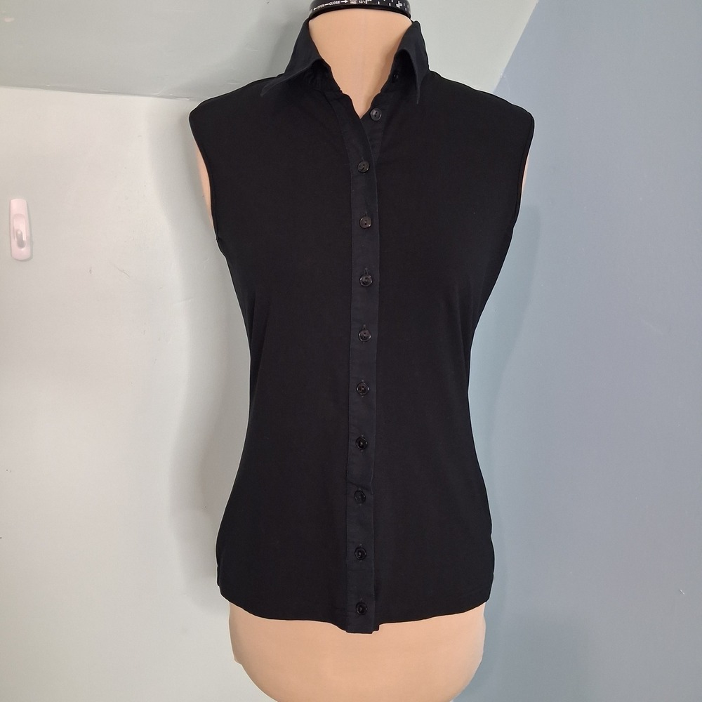 Anne Fontaine Paris Black Old Money Sleeveless Button Down Jersey Shirt Size 40